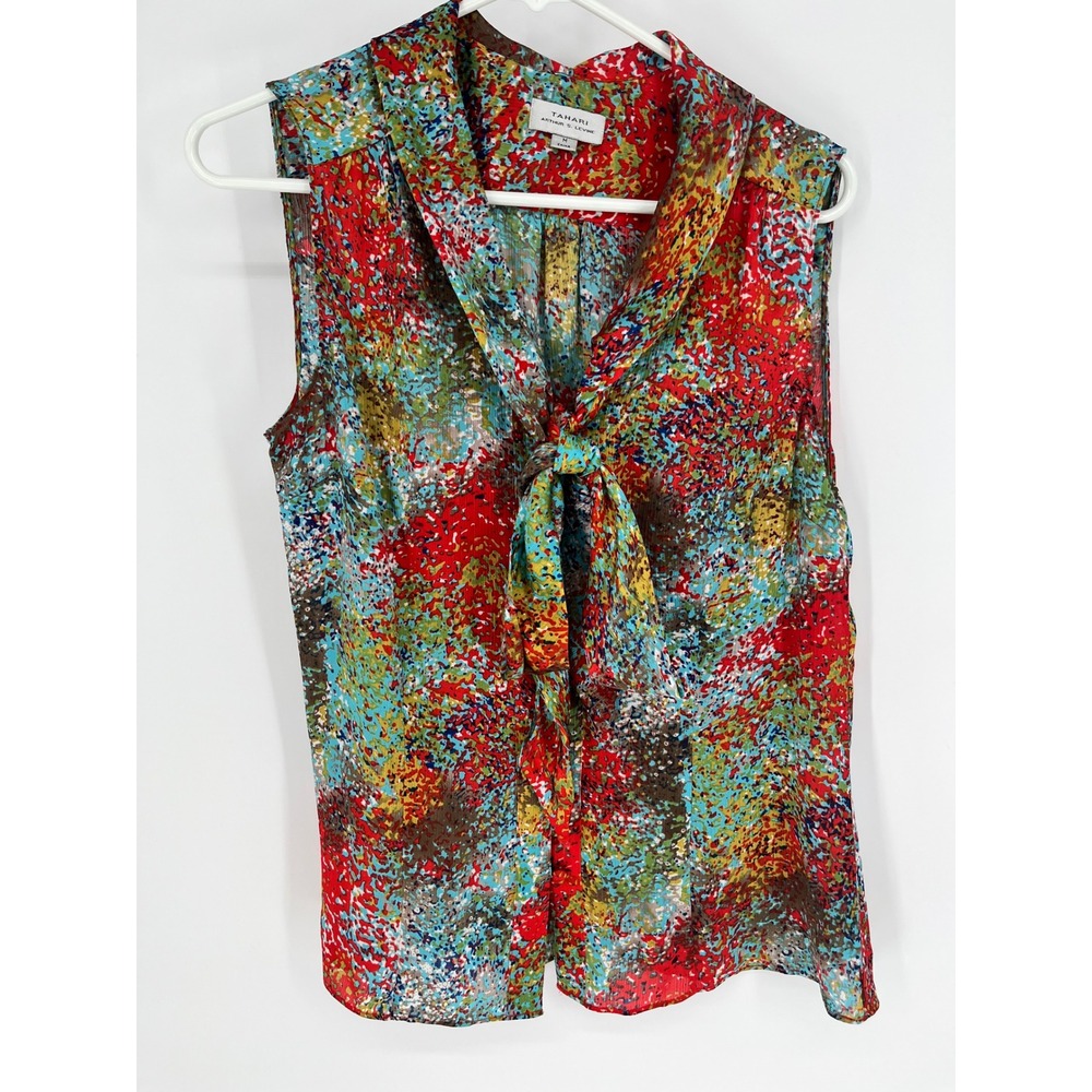 TAHARI Tie Neck Blouse Women M Multi-Color Abstract Print Sleeveless Chiffon NWT